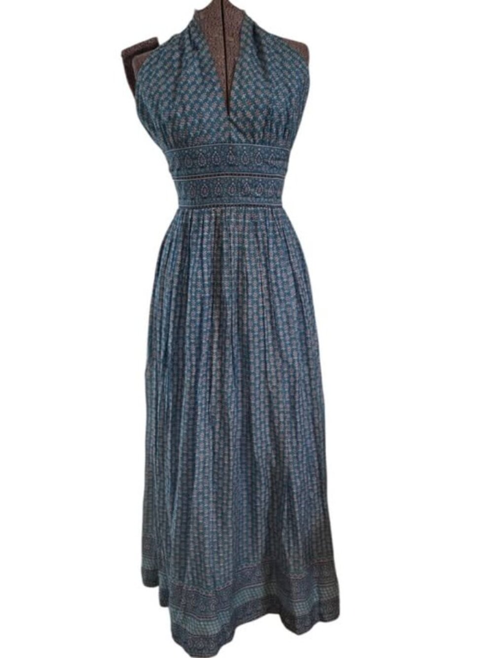 60's-70's Hand Woven & Block Printed in India Turquoise Cotton Halter Neck Dress